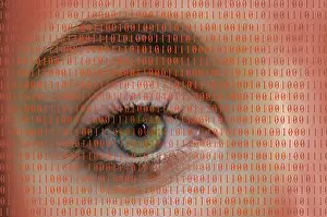 Data Protection Prints: Eye with binary numbers, symbolic image for digitalisation