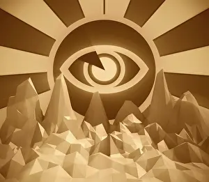 Geometric Pattern Art Prints: Eye in sun burst rays with low poly surface
