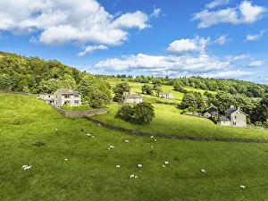 European Aerial Photography Prints: Farms and Fields over Cononley and River Aire from a drone