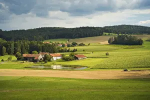 Bavaria Farmland Prints: Several farms and a pond, surrounded by fields