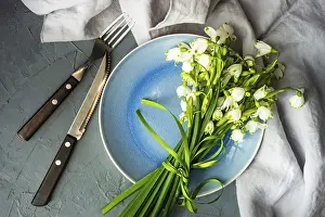 Early Spring Blooming Flowers Prints: Feastive table setting for holiday Easter dinner decorated with spring snowdrop flowers on rustic table with copy space