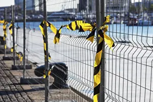 Uninhabited Construction Sites Prints: Fence with ribbons on a construction site