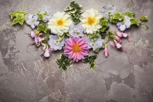 Deserted Flower Shop Prints: Festive flower composition.Overhead view