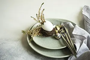 Decorated Easter Eggs Prints: Festive table setting for holiday Easter dinner decorated with eggs