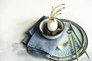 Easter Dinner Table Setting Prints: Festive table setting for holiday Easter dinner decorated with eggs