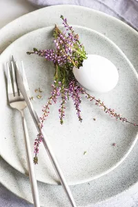 Decorated Easter Eggs Prints: Festive table setting for holiday Easter dinner decorated with eggs