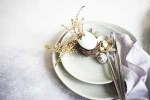 Easter Table Setting Prints: Festive table setting for holiday Easter dinner decorated with eggs