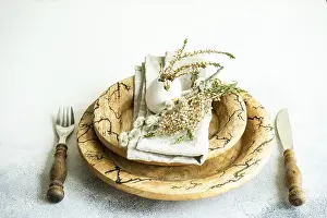 Decorated Easter Eggs Prints: Festive table setting for holiday Easter dinner decorated with eggs