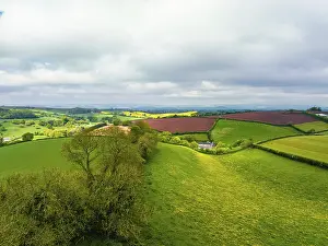 Agricultural Landscape In Europe Prints: Fields and Farms from a drone, Devon