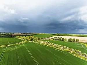 Agricultural Landscape From Above Prints: Fields and Windmill from a drone