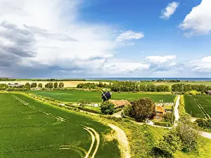 British Countryside Scene Prints: Fields and Windmill from a drone