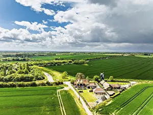 Aerial Landscape Photo UK Prints: Fields and Windmill from a drone