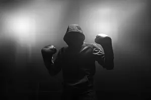 Boxing Concept Image Prints: Fighter without a face is standing with his hands up