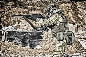 One Person Fight Prints: The fighter of a special unit performs a dangerous mission
