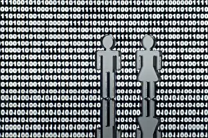Symbolic Picture Representation Prints: Two figures in front of binary code