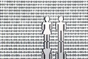 Digital Composing Symbol Prints: Two figures in front of binary code