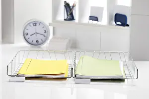 Office Supply Prints: Filing baskets with folders, input, output, office