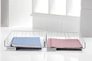 Office Supply Prints: Filing baskets with folders, input, output, office