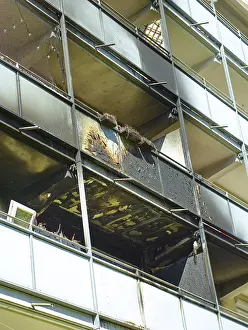 Fire Damage Apartment Block Prints: Fire damage after fire in apartment block
