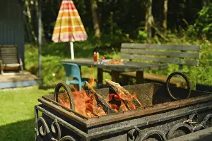 Summer Leisure Activity Prints: Fire pit burns wood in backyard setting