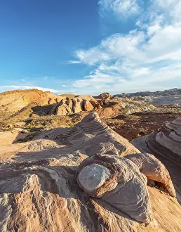 Eroded Sandstone Landscape Prints: The Fire Wave, Sleeping Lizard rock formation behind
