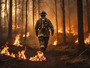 Images Dated 11th January 2024: A Firefighter Enters a Forest Inferno Print