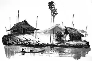 Southeast Asia Fishing Scene Prints: Fisherman returning with his catch