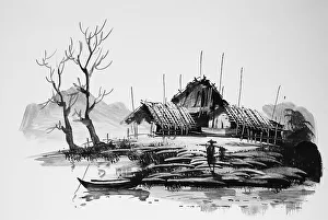 19th Century Lacquer Painting Print of Fisherman Returning with His Catch