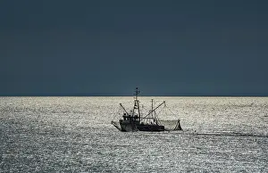 Deserted Coastline Scene Prints: Fishing boat at work