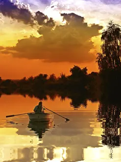 Atmospheric Dusk Landscape Prints: Fishing at Sunset