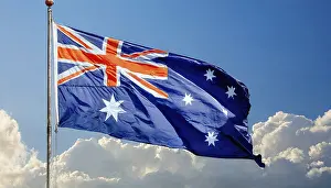 Isolated National Flag Prints: The flag of Australia flutters in the wind