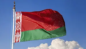 Flag Fluttering In Wind Prints: The flag of Belarus flutters in the wind