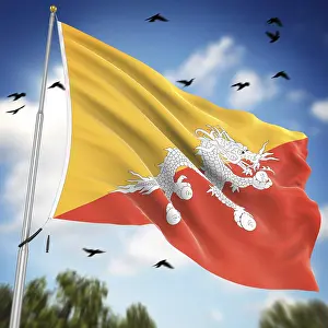 Prints of Flag of Bhutan, This is a computer generated and 3d rendered image Bhutan Prints: 3D Rendered Flag of Bhutan Print