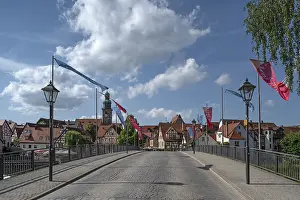 Historic Old Town Germany Prints: Flag bridge with view of the old town