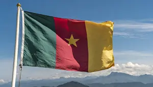 Cameroon Flag Prints: The flag of Cameroon, fluttering in the wind