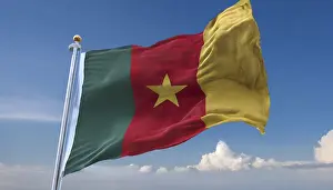 Empty Landscape With State Flag Prints: The flag of Cameroon, fluttering in the wind