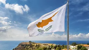 Cyprus Flag Prints: The flag of Cyprus flutters in the wind