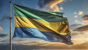 Central Africa Flag Prints: The flag of Gabon flutters in the wind