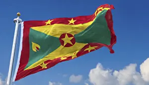 Prints of The flag of Grenada, Caribbean, flutters in the wind, isolated, against the blue sky Related Prints: The Flag of Grenada Print, Caribbean Island Scene