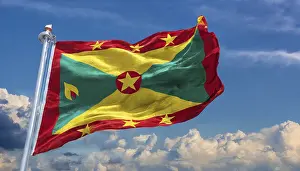 Prints of The flag of Grenada, Caribbean, flutters in the wind, isolated, against the blue sky Related Prints: The Flag of Grenada Print, Caribbean Island Scene