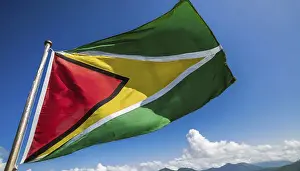 Blue Sky With Flag Prints: The flag of Guyana, fluttering in the wind