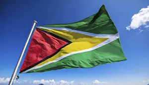 Digital Composing Of Flags Prints: The flag of Guyana, fluttering in the wind