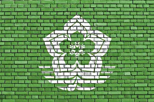 Brick Wall Designs Prints: Flag of Harbin painted on brick wall