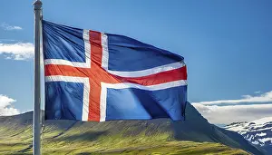 Blue Sky Photography Europe Prints: The flag of Iceland flutters in the wind