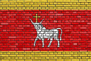 Prints of Flag of Kaunas painted on brick wall Lithuania Prints: Flag of Kaunas Painted on Brick Wall Print
