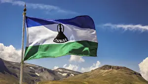 African National Flag Prints: The flag of Lesotho, fluttering in the wind