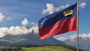 Prints of The flag of Liechtenstein flutters in the wind Liechtenstein Prints: The Flag of Liechtenstein Flutters in the Wind Print