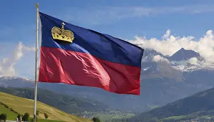 Prints of The flag of Liechtenstein flutters in the wind Liechtenstein Prints: The Flag of Liechtenstein Print