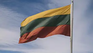 Blue Sky National Symbols Prints: The flag of Lithuania flutters in the wind