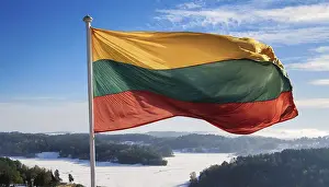 Baltic States Flag Prints: The flag of Lithuania flutters in the wind